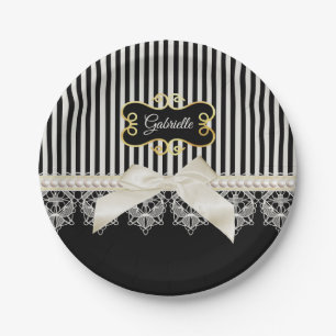 Pearls and Lace Black Stripes Cream Bow Gold Name Paper Plate