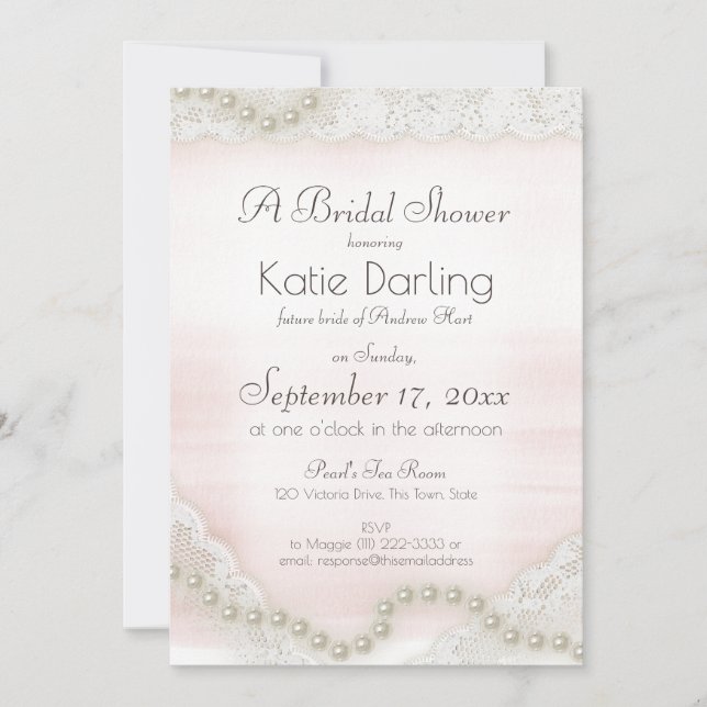 Pearls and Lace Blush Bridal Shower Invitation (Front)