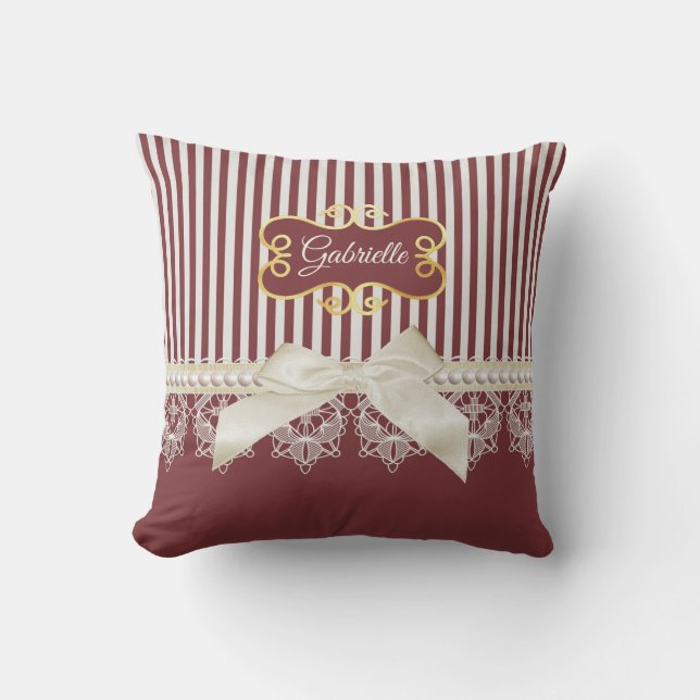 Pearls and Lace Deep Red Stripes Bow and Name Cushion (Front)