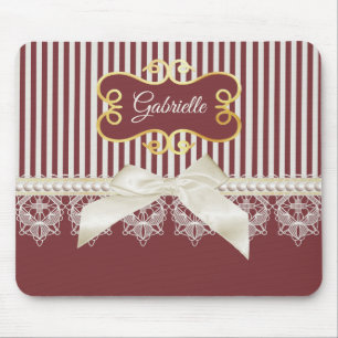 Pearls and Lace Deep Red Stripes Bow and Name Mouse Mat