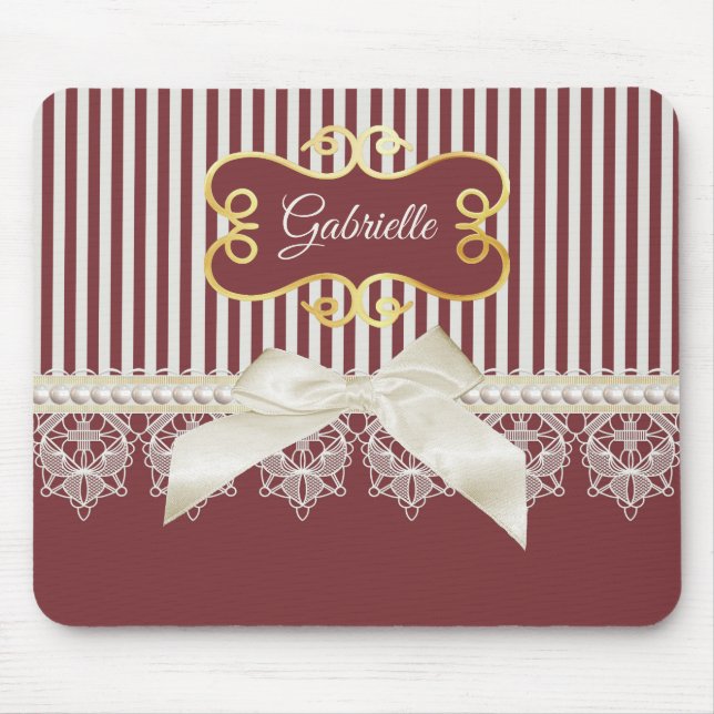 Pearls and Lace Deep Red Stripes Bow and Name Mouse Mat (Front)