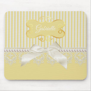 Pearls and Lace Gold Stripes Ivory Bow With Name Mouse Mat