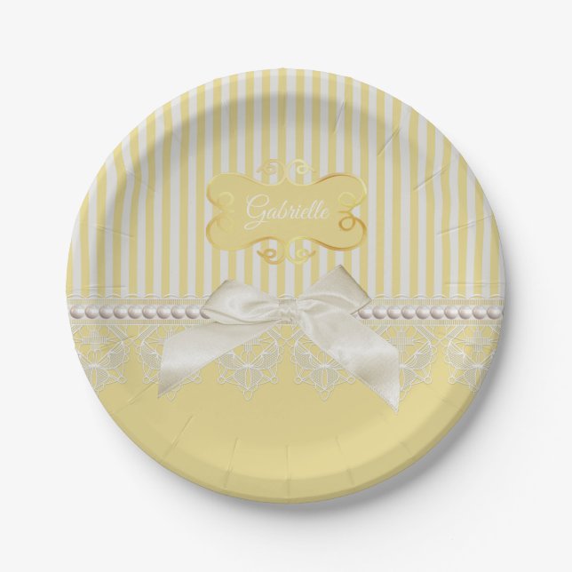 Pearls and Lace Gold Stripes Ivory Bow With Name Paper Plate (Front)