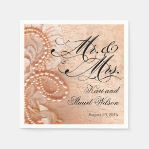 Pearls and Lace Mr. & Mrs. peach Napkin