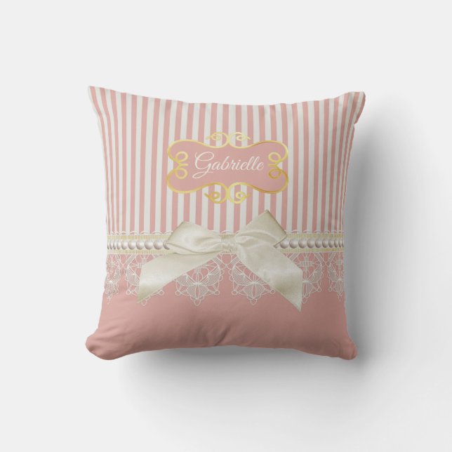 Pearls and Lace Pink Stripes Cream Bow and Name Cushion (Front)