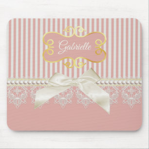 Pearls and Lace Pink Stripes Cream Bow and Name Mouse Mat