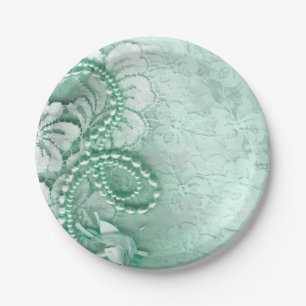 Pearls and Lace Wedding   aqua Paper Plate