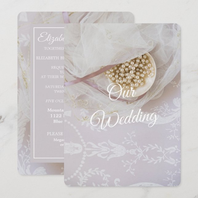 Pearls and Lace Wedding Invitation (Front/Back)
