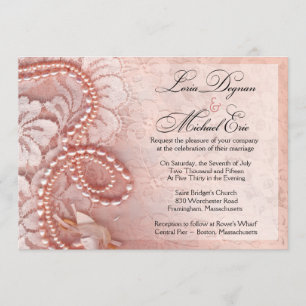Pearls and Lace Wedding   peony pink Invitation