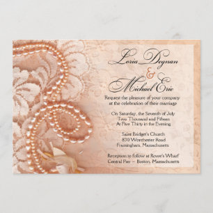 Pearls and Lace Wedding   perfect peach Invitation