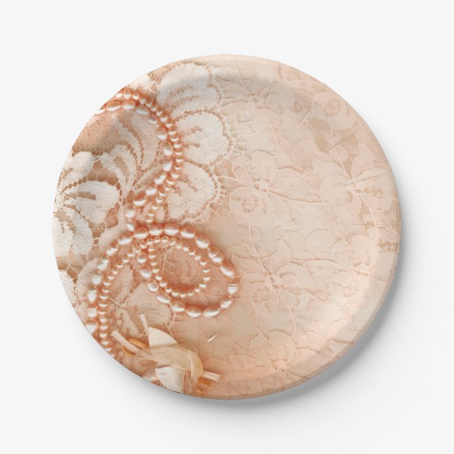 Pearls and Lace Wedding | perfect peach Paper Plate (Front)