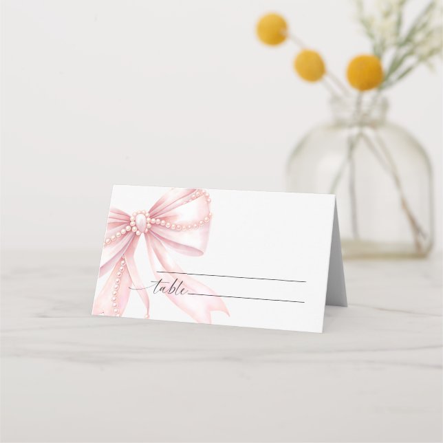 Pearls and Pink Bow Wedding  Place Card (Front)