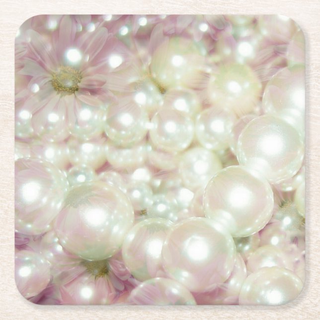 Pearls And Pink Daisy Square Paper Coaster (Front)