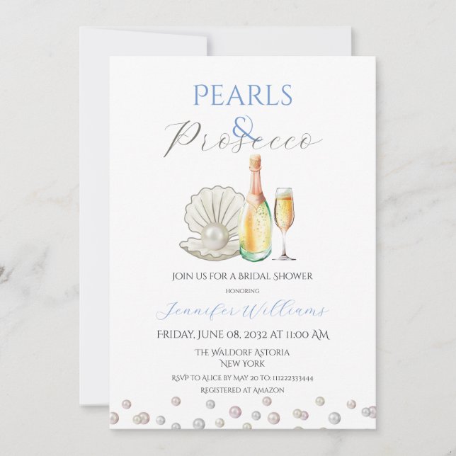Pearls and Prosecco Blue Bridal Shower Invitation (Front)