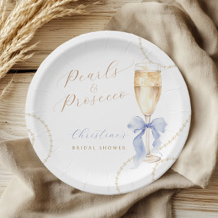 Pearls and Prosecco Blue Bridal Shower Paper Plate