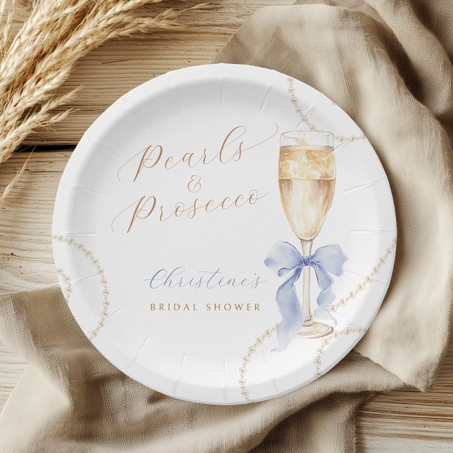 Pearls and Prosecco Blue Bridal Shower Paper Plate (Creator Uploaded)