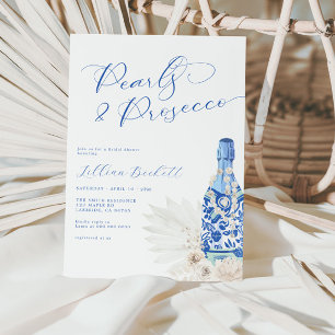 Pearls and Prosecco Blue Script Bridal Shower Invitation