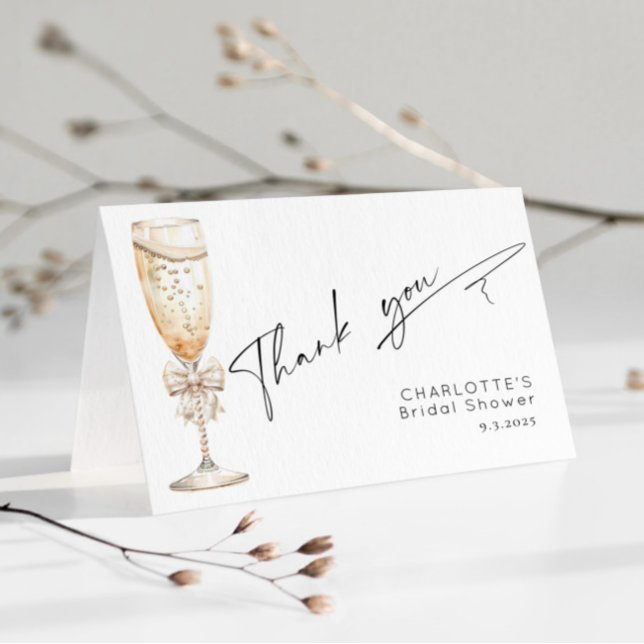 Pearls and Prosecco Bow Minimalist Bridal Shower Thank You Card (Creator Uploaded)