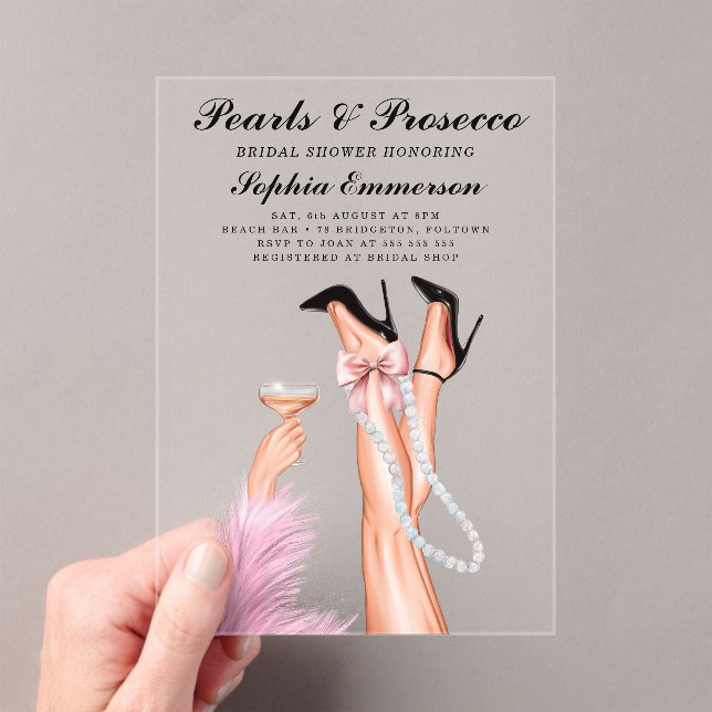 Pearls and Prosecco Bridal Shower Acrylic Invitations (Insitu (Handheld))