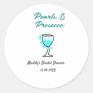 Pearls and prosecco bridal shower blue black name  classic round sticker