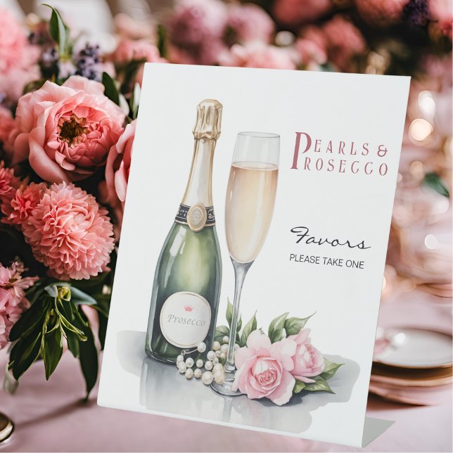 Pearls And Prosecco Bridal Shower Favours Pedestal Sign (Angled view pearls and prosecco bridal shower brunch and bubbly favors sign)