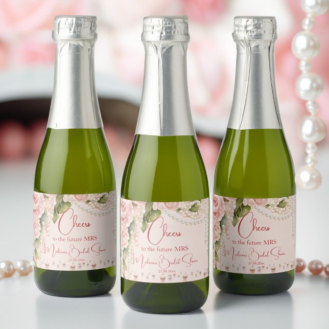 Pearls and prosecco bridal shower favours sparkling wine label (Pearls and prosecco bridal shower favors personalized printed sparkling wine label mini champagne)