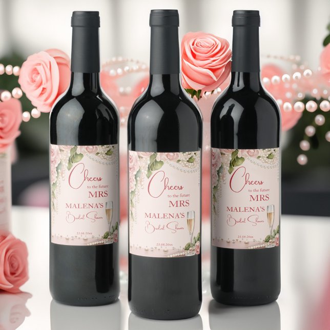 Pearls and prosecco bridal shower favours wine label (Pearls and prosecco bridal shower favors personalized printed wine label template blush pink roses)