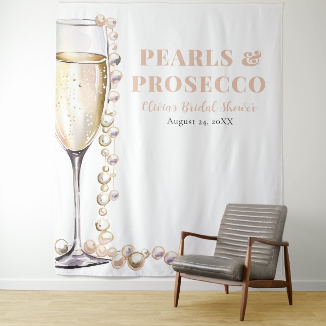 Pearls and Prosecco Bridal Shower Photo Backdrop Tapestry (In Situ)