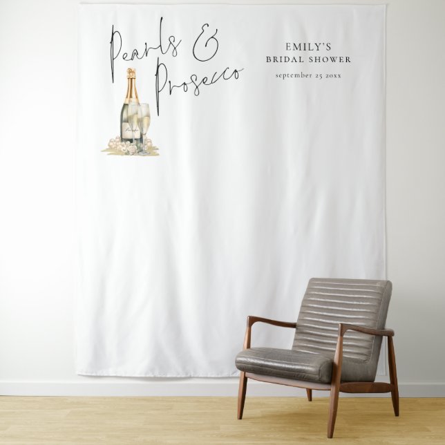 Pearls and Prosecco Bridal Shower Photo Backdrop Tapestry (In Situ)