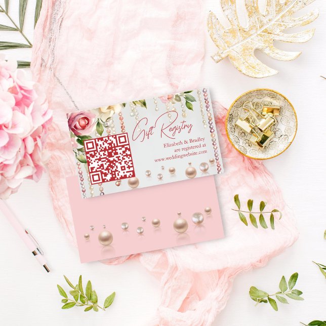 Pearls and prosecco bridal shower qr gift registry enclosure card (Pearls and prosecco bridal shower qr gift registry enclosure card blush pink roses pearl themed)