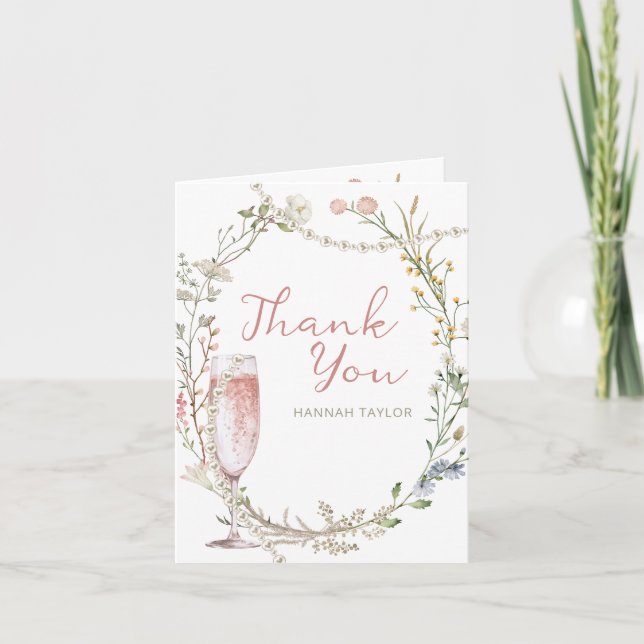 Pearls and Prosecco Bridal Shower Wildflower Thank You Card (Front)