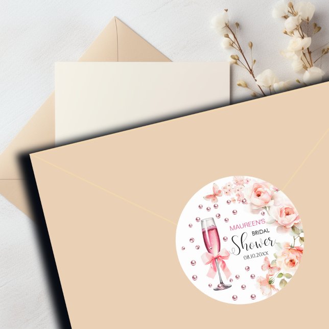 Pearls and Prosecco Dusty Pink Roses Bridal Shower Classic Round Sticker (Creator Uploaded)
