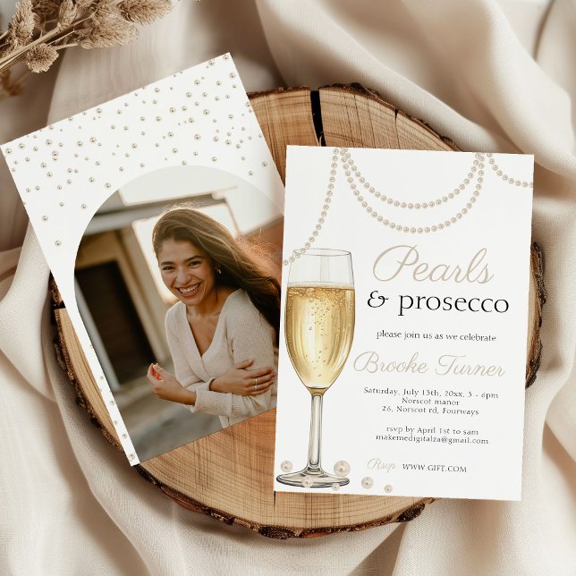 Pearls and Prosecco elegant Bridal Shower Photo Invitation (Creator Uploaded)