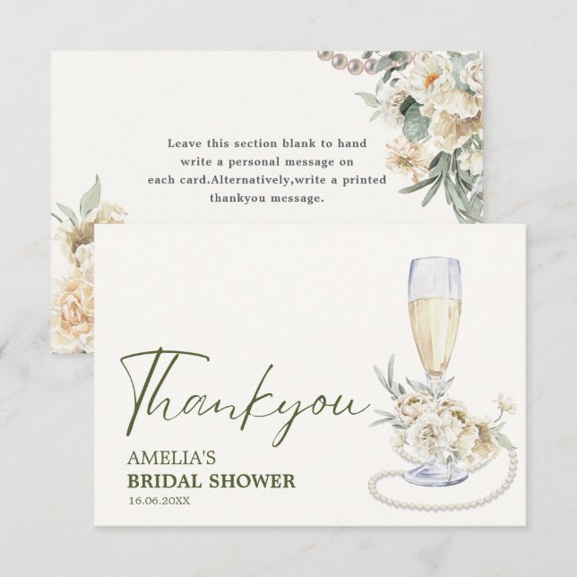 Pearls and prosecco Floral Bridal shower  Thank You Card (Front/Back)
