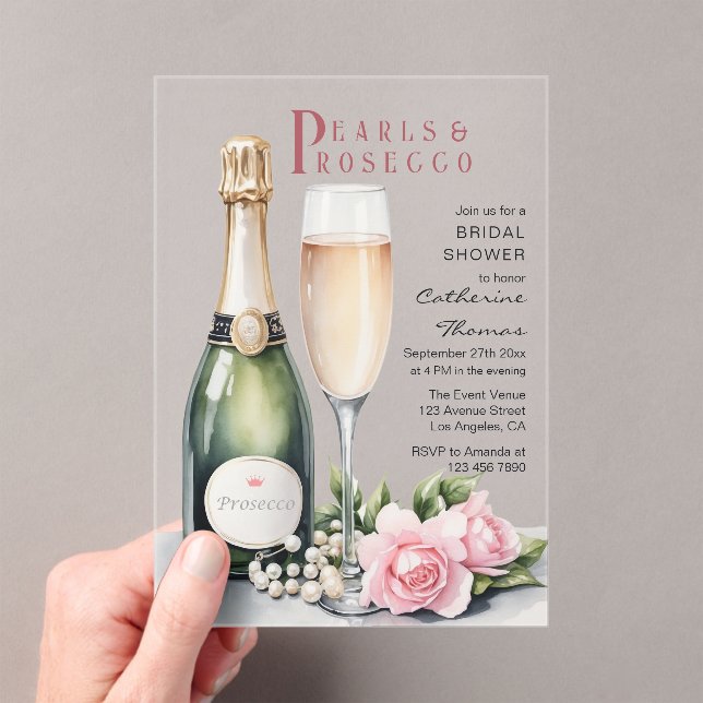 Pearls And Prosecco Floral Elegant Bridal Shower Acrylic Invitations (Insitu (Handheld))