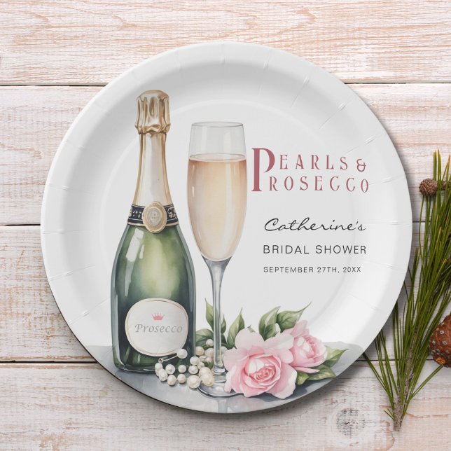 Pearls And Prosecco Floral Elegant Bridal Shower Paper Plate (Creator Uploaded)