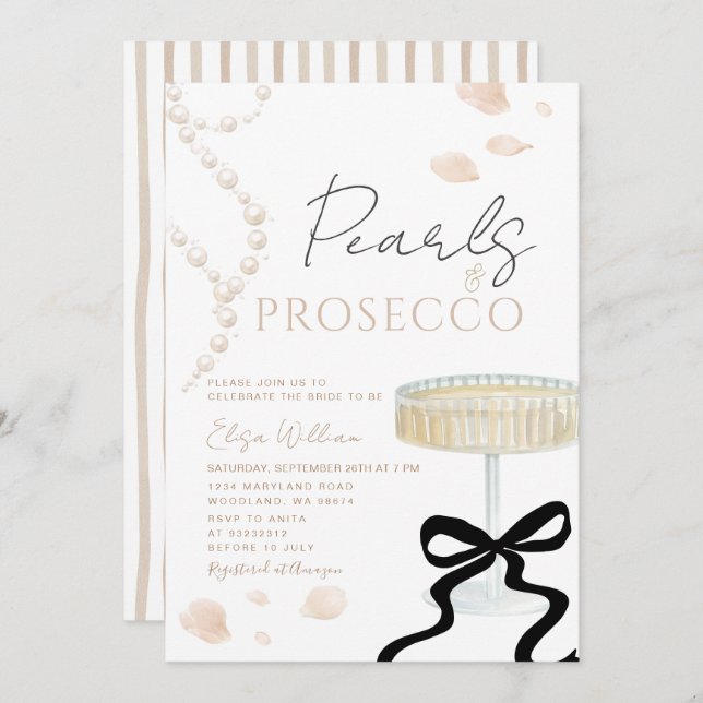 Pearls and Prosecco Ivory Bow  Bridal Shower  Invitation (Front/Back)
