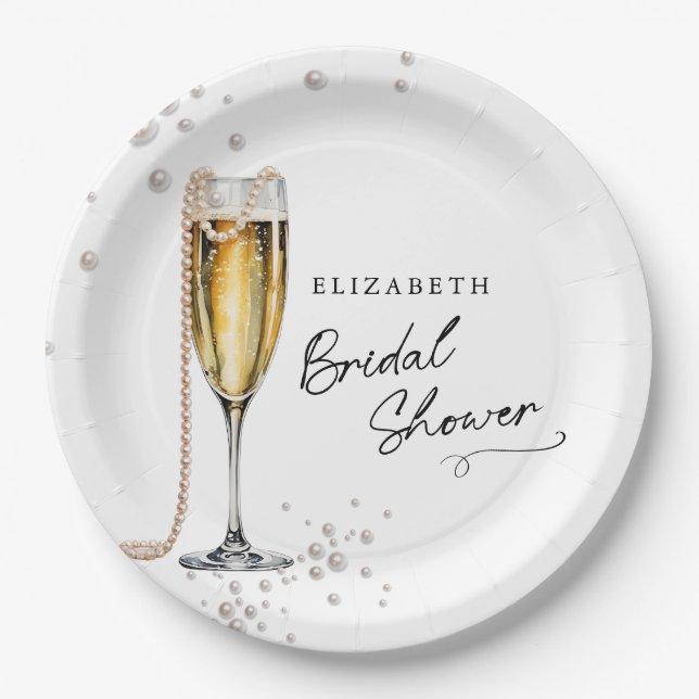 Pearls and Prosecco Minimalist Bridal Shower Paper Plate (Front)