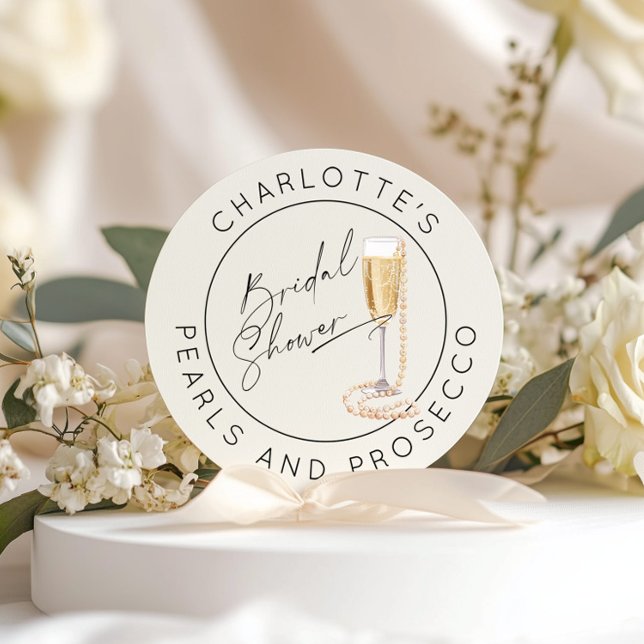 Pearls and Prosecco Modern script Bridal shower Classic Round Sticker (Creator Uploaded)