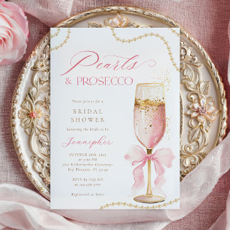 Pearls and Prosecco Pink Bow Bridal Shower  Invitation