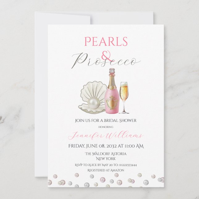 Pearls and Prosecco Pink Bridal Shower Invitation (Front)