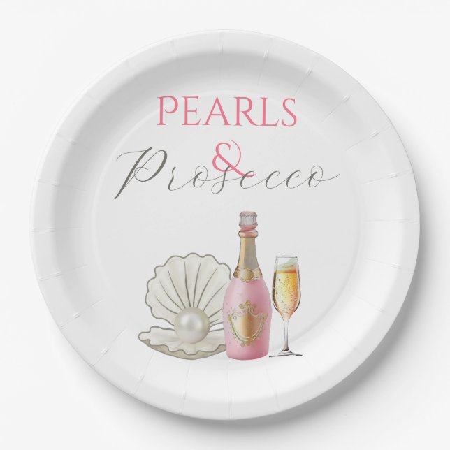 Pearls and Prosecco Pink Bridal Shower Paper Plate (Front)