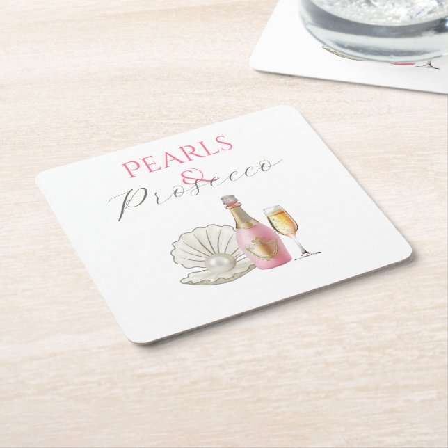 Pearls and Prosecco Pink Bridal Shower Square Paper Coaster (Angled)