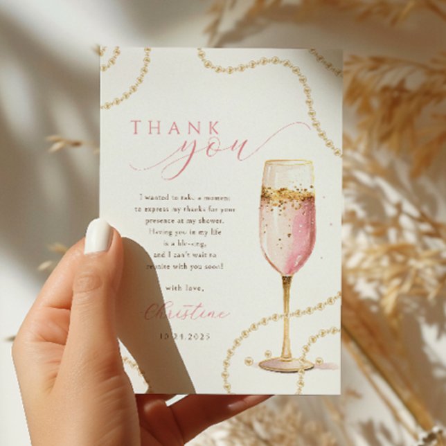 Pearls and Prosecco Pink Gold Bridal Shower Thank You Card (Creator Uploaded)