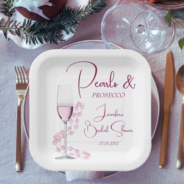 Pearls and Prosecco Pink Modern Bridal Shower Paper Plate (Creator Uploaded)