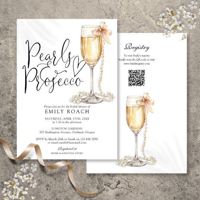 Pearls And Prosecco QR Code Blue Bridal Shower Invitation (Pearls And Prosecco QR Code Blue Bridal Shower Invitation)