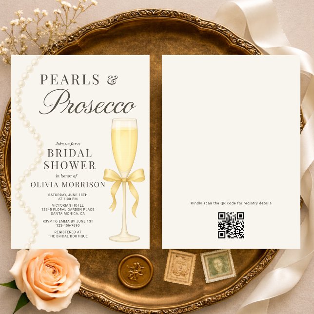 Pearls and Prosecco QR Code Bridal Shower Invitation (Creator Uploaded)