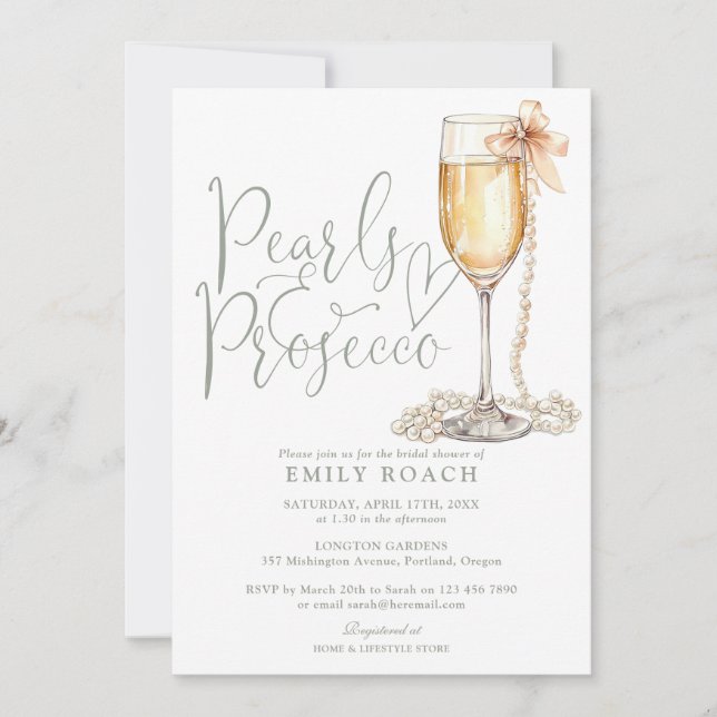 Pearls And Prosecco QR Code Green Bridal Shower Invitation (Front)