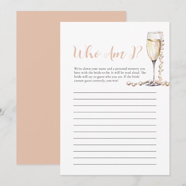 Pearls and Prosecco Who Am I Bridal Shower Game Invitation (Front/Back)