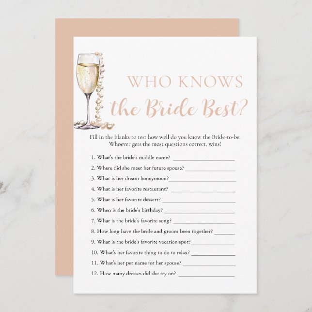 Pearls and Prosecco Who Knows the Bride Best Game Invitation (Front/Back)
